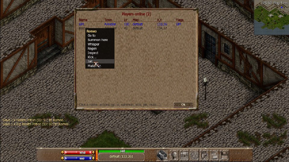 Admin tools: the players window with its action menu