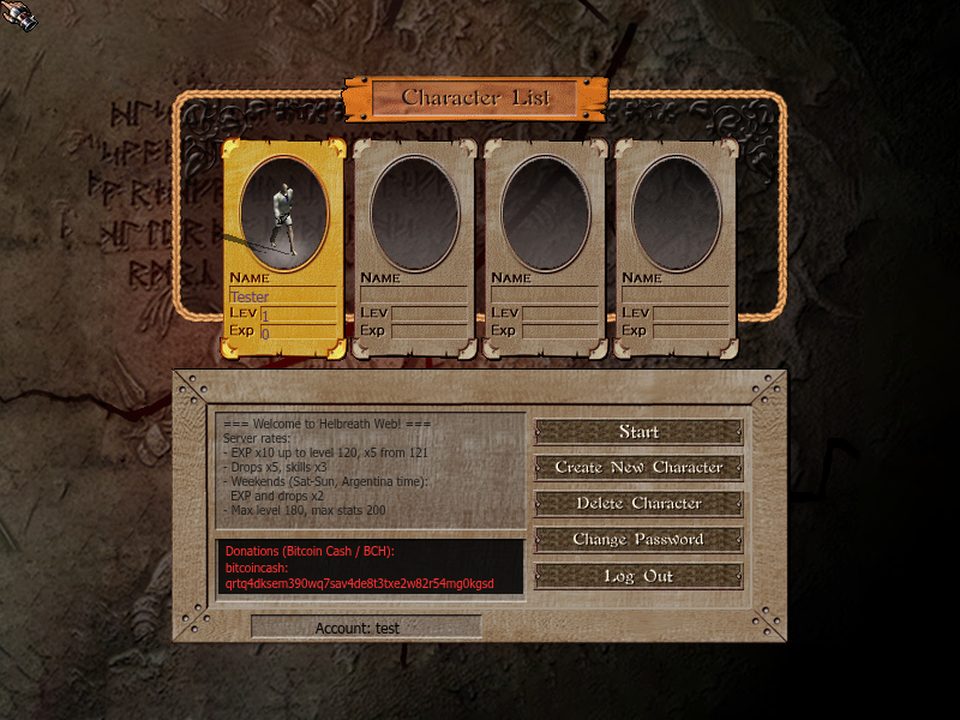 Character selection screen with the message of the day